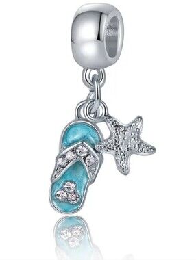 Silver Beach Flip-Flop and Starfish Charm with Aqua Enamel